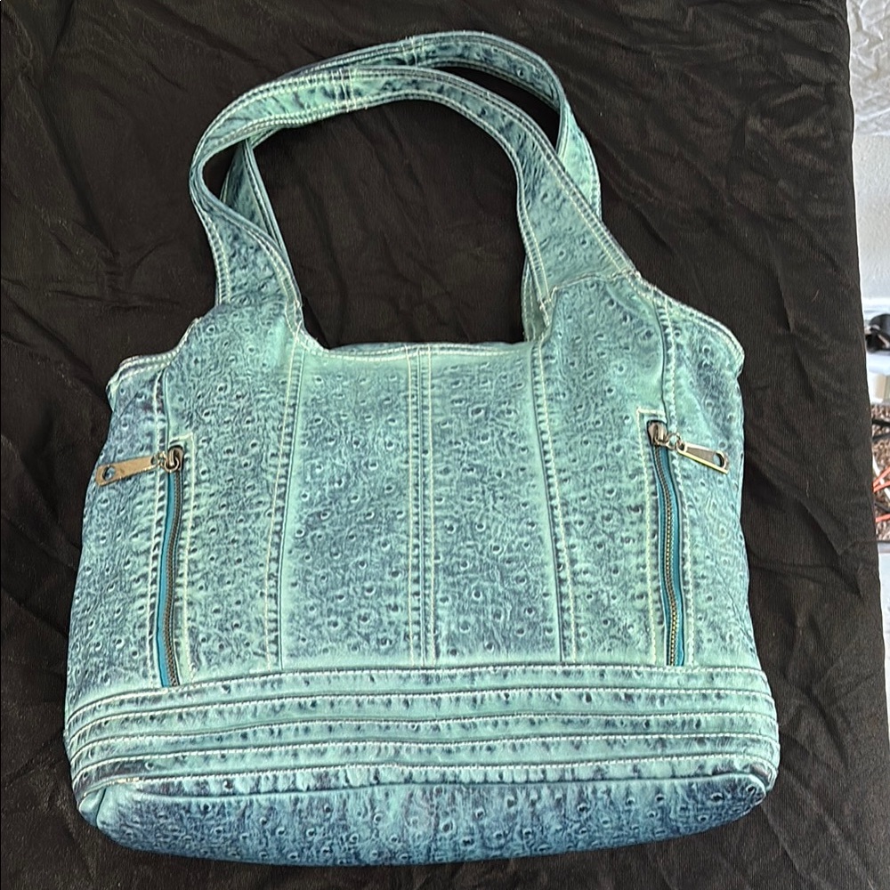Ka iie lin Blue Ostrich Print Shoulder Bag
